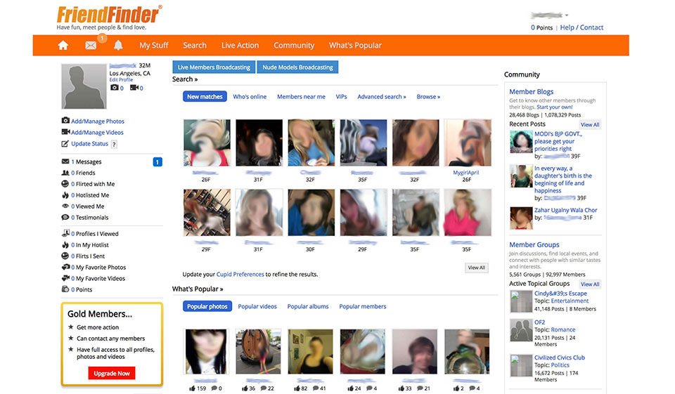 Características del sitio web de citas FriendFinder